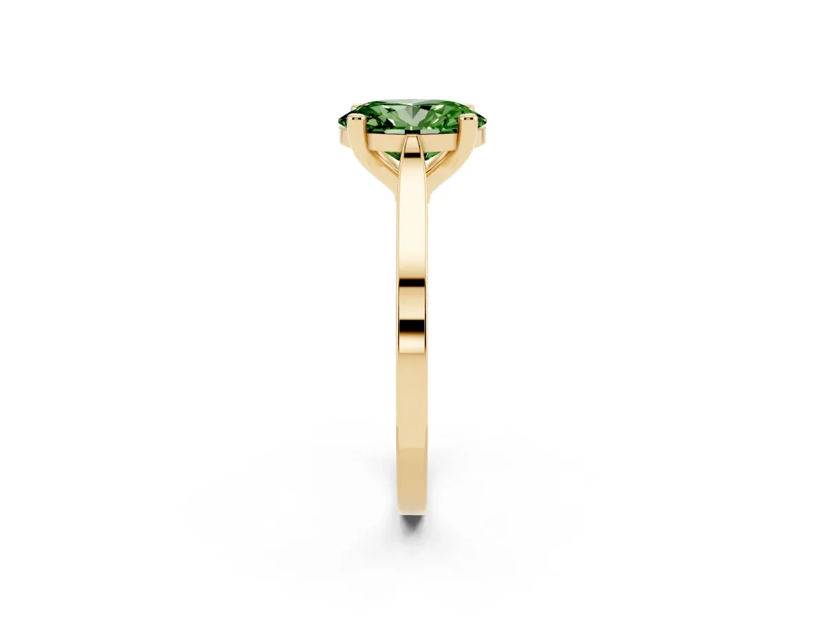 Fancy Green Oval Cut Solitaire Diamond Ring with Four-Prong Setting and Tapered Band Yellow gold