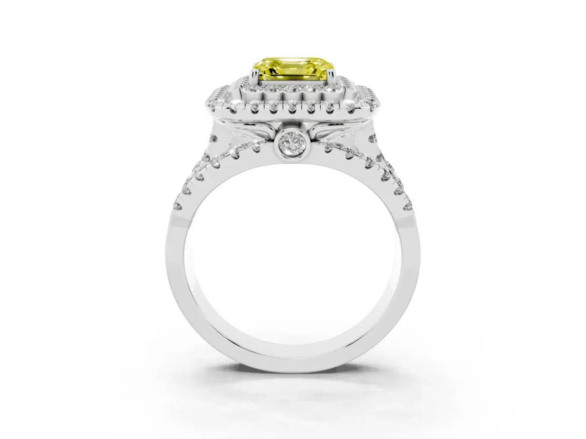 Fancy Yellow Asscher Cut Diamond Double Halo Ring with Round Pavé Split Shank and Prong Setting Silver