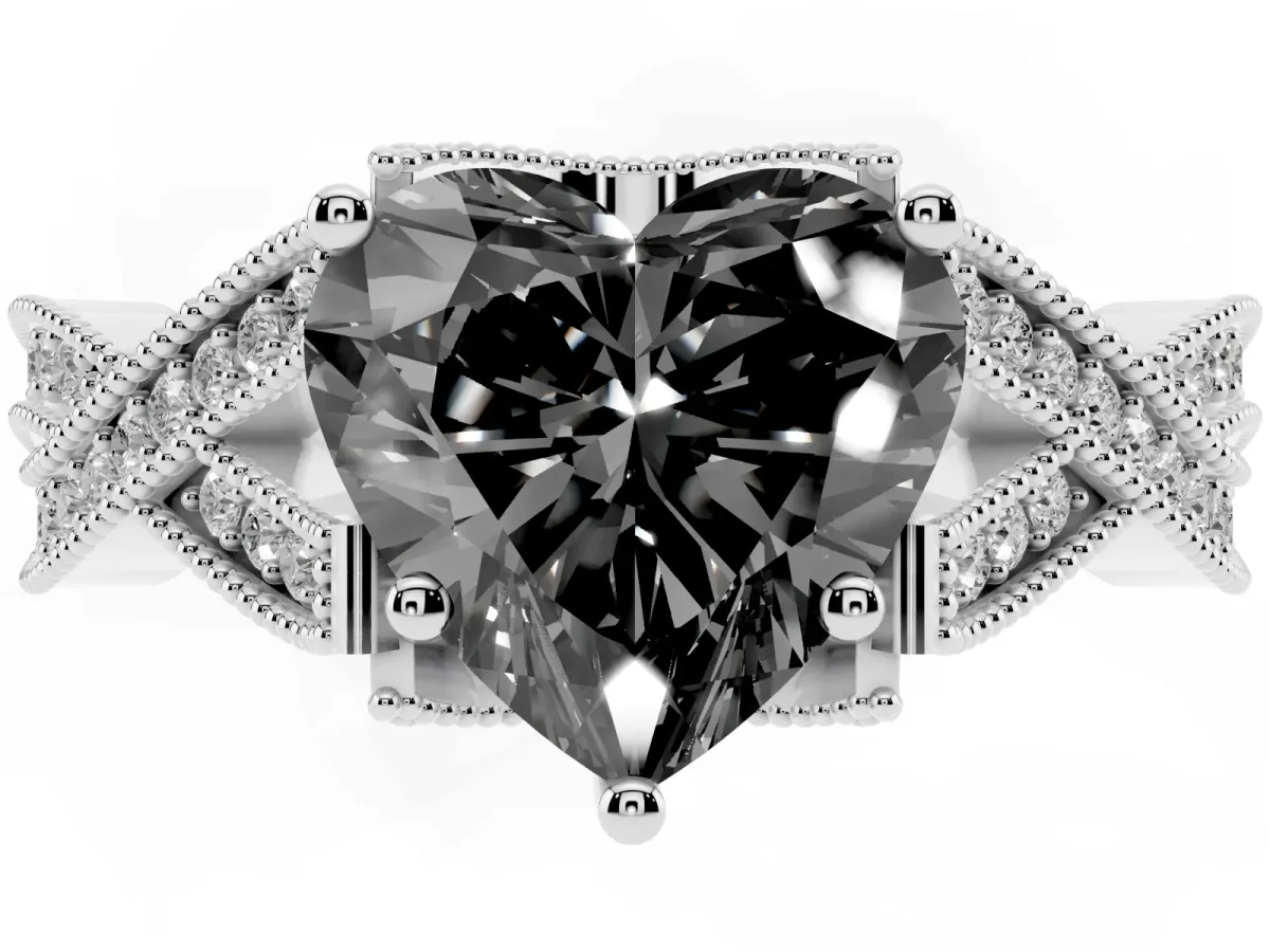 Fancy Black Heart Cut Cut Diamond Twisted Band with Milgrain Pave Setting and Four-Prong Setting Silver