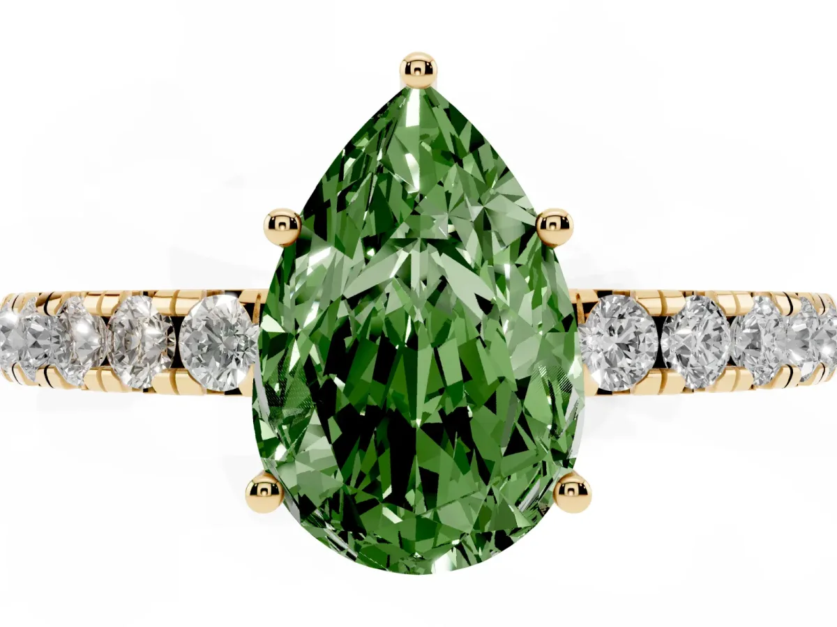 Fancy Green Pear Cut Diamond Pavé Solitaire Engagement Ring with Four-Prong Setting Yellow gold