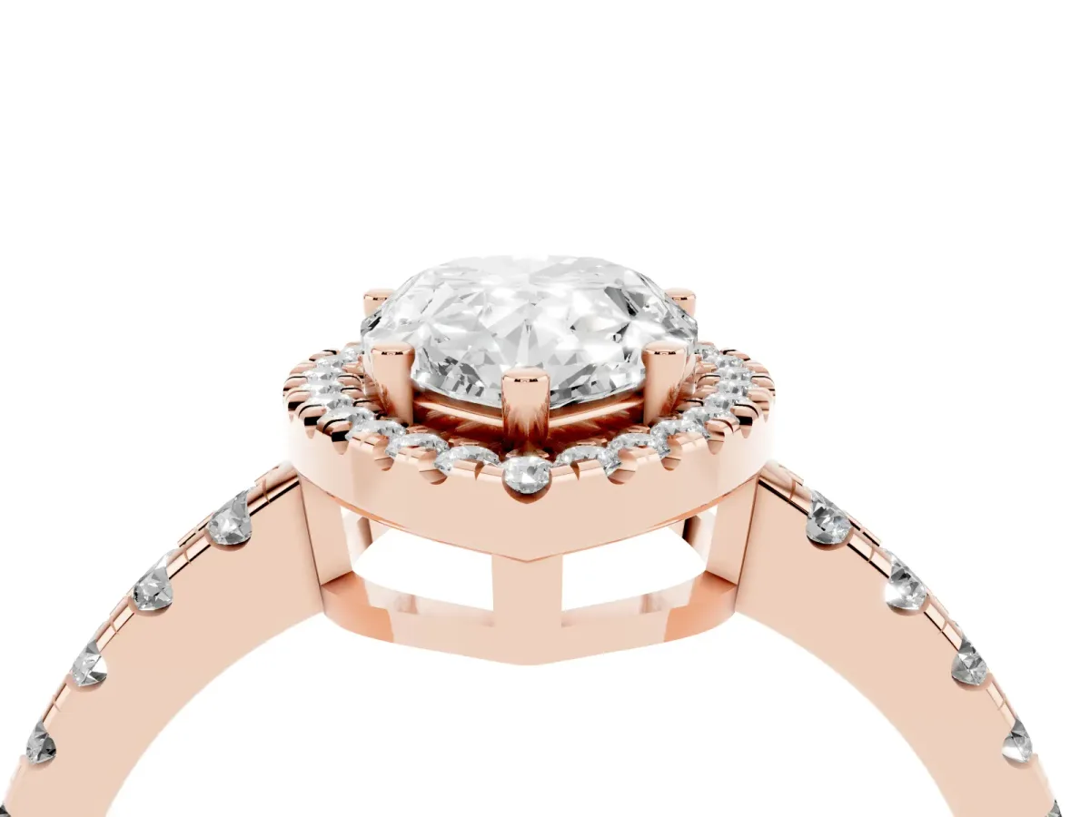 Pear Cut Diamond Halo Ring with Pavé Band and Four-Prong Setting Rose gold