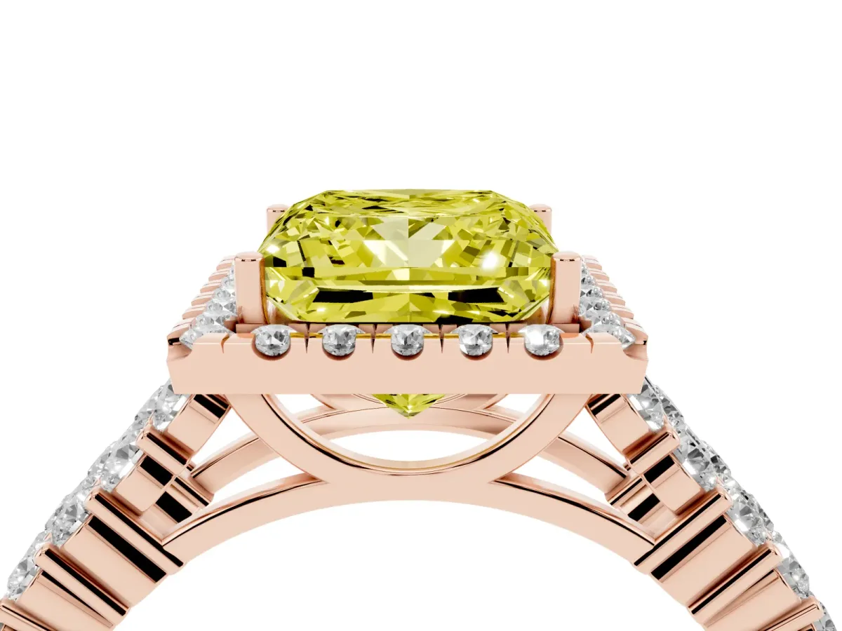 Fancy Yellow Princess Cut Diamond Halo Engagement Ring with Triple Row Round Pavé Band and Prong Setting Rose gold