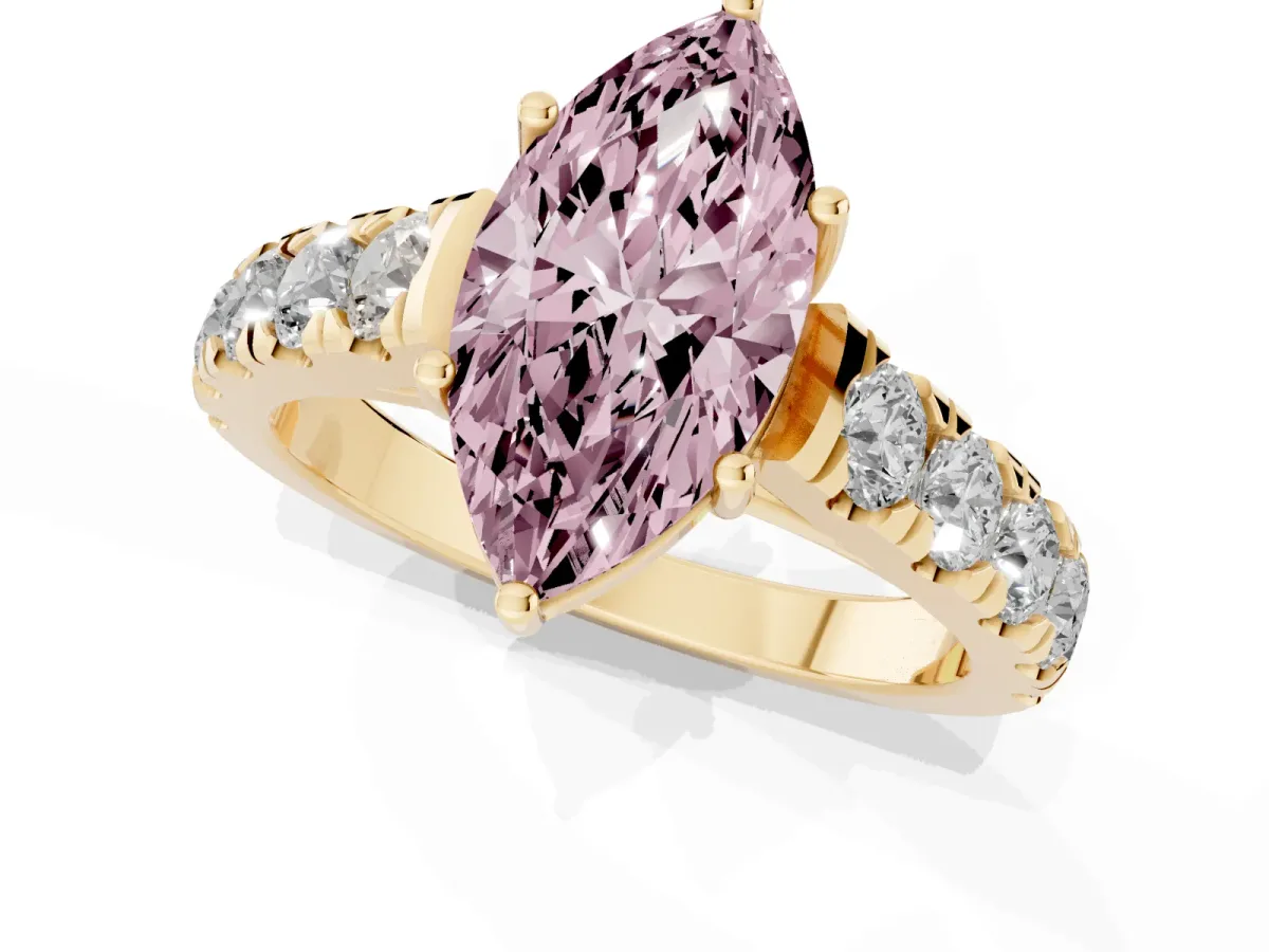 Fancy Pink Marquise Cut Cut Diamond Solitaire Ring with Micro Pave Band and Prong Setting Yellow gold