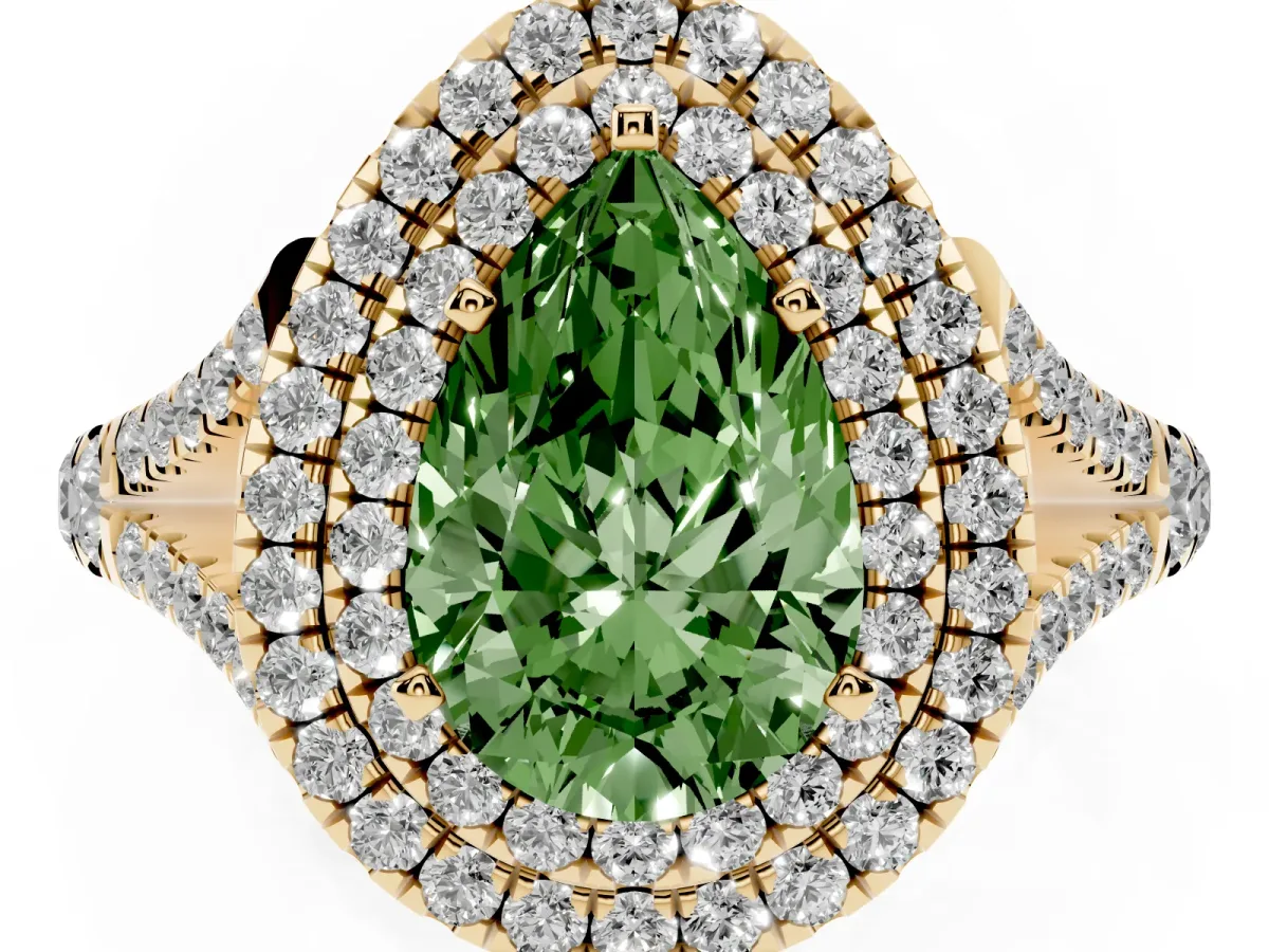 Fancy Green Pear Cut Diamond Double Halo Ring with Split Shank and Prong Setting Yellow gold