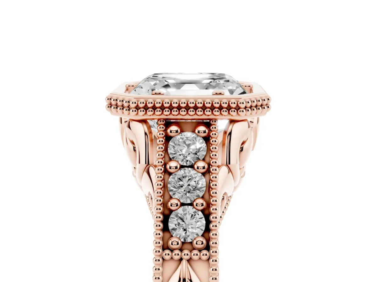 Bezel Set Asscher Cut Diamond Milgrain Pave Engagement Ring Rose gold