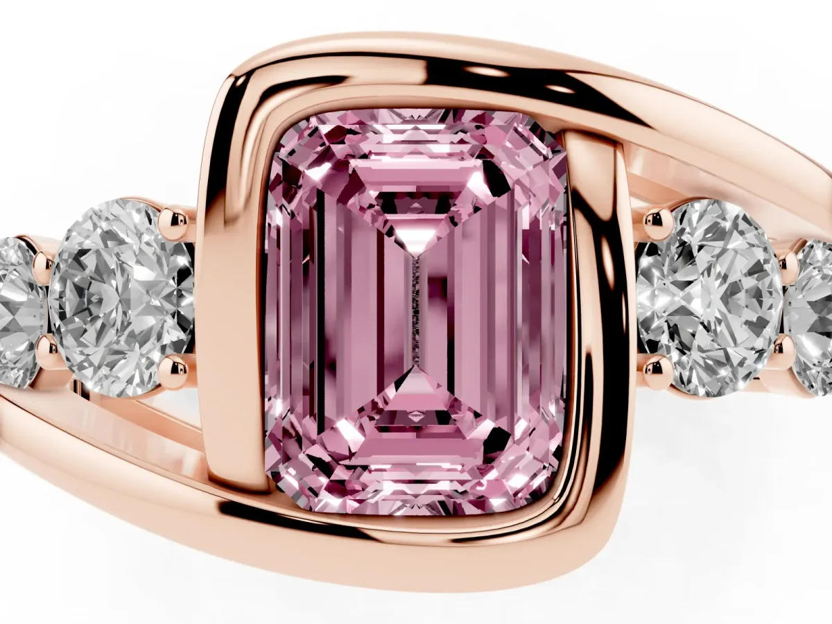 Fancy Pink Bezel Set Emerald Cut Diamond Bypass Ring with Round Accents Rose gold