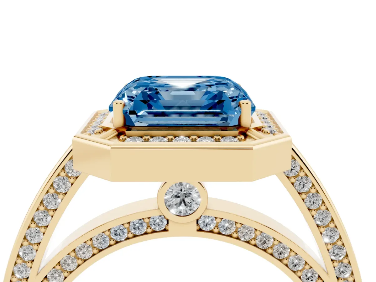 Fancy Blue Asscher Cut Cut Halo Pave Split Shank Prong Setting Ring Yellow gold