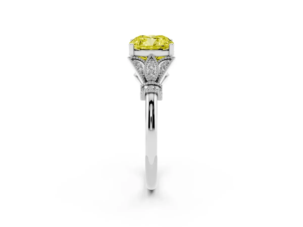 Fancy Yellow Cushion Cut Diamond Solitaire Ring with Floral Filigree and Pave Accents Platinum