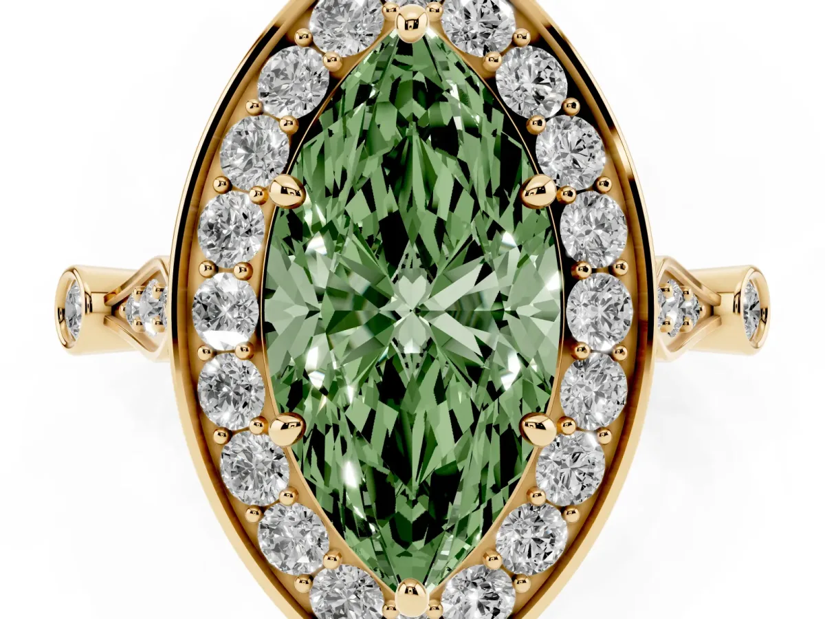 Fancy Green Marquise Cut Halo Diamond Engagement Ring with Twisted Band and Four-Prong Setting Yellow gold