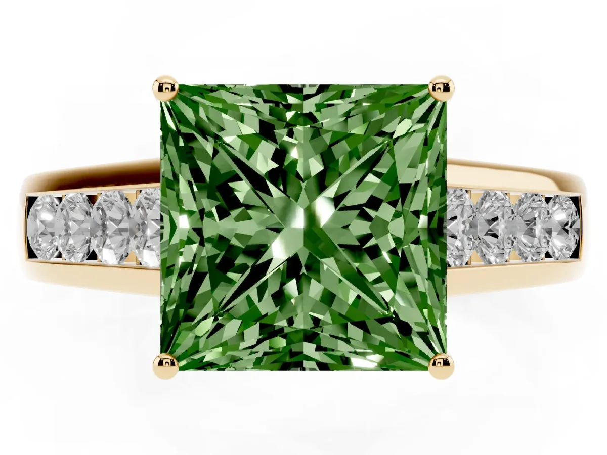 Fancy Green Princess Cut Brilliant Channel-Set Solitaire Ring with Four-Prong Setting Yellow gold