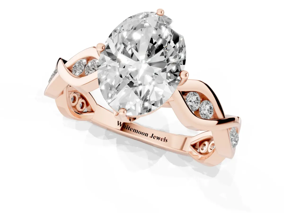 Oval Cut Solitaire Twist Band with Leaf Prong Setting Rose gold