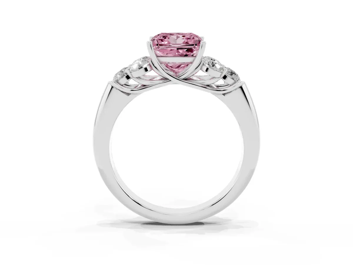 Fancy Pink Princess Cut Cut Diamond Cluster Ring with Round Accent Stones and Prong Setting on a Classic Band Silver
