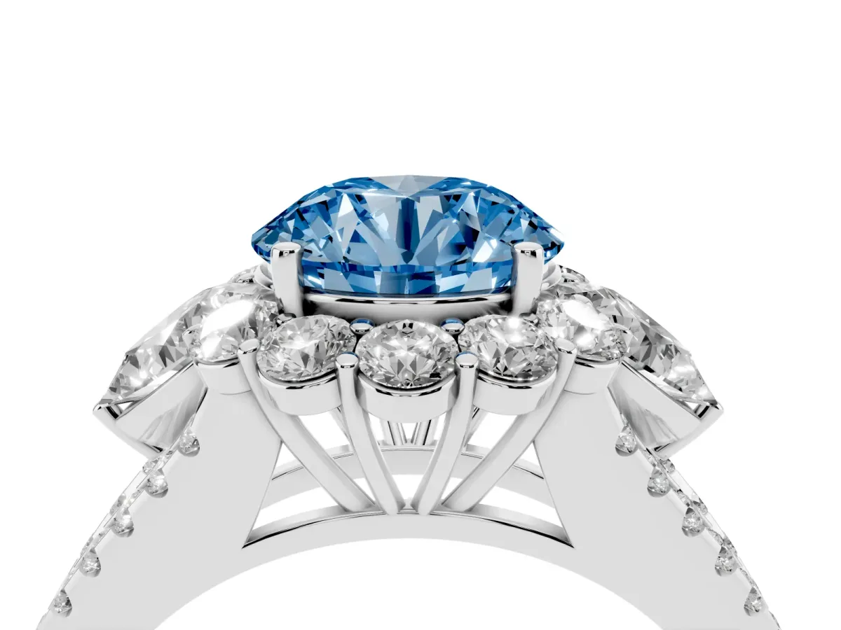 Fancy Blue Round Cut Halo Split Shank Diamond Engagement Ring with Prong Setting White gold