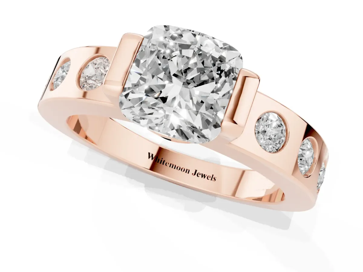Cushion Cut Brilliant Channel-Set Diamond Ring with Bezel Prong Setting Rose gold