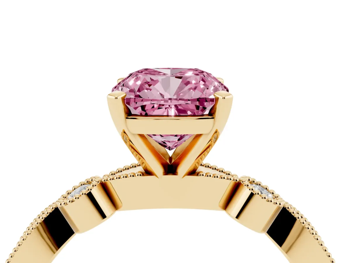 Fancy Pink Cushion Cut Milgrain Bezel Diamond Engagement Ring with Solitaire Prong Setting Yellow gold