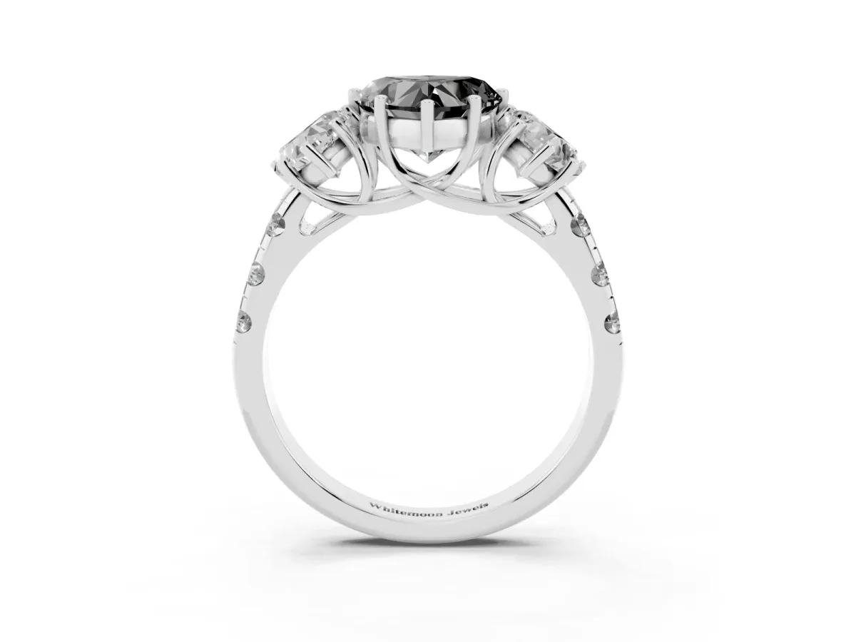 Fancy Black Three-Stone Heart Cut Diamond Pavé Band with Prong Setting Silver