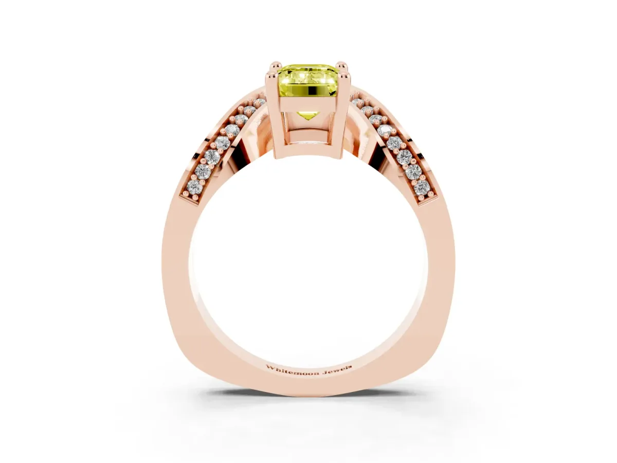 Fancy Yellow Emerald Cut Solitaire Diamond Engagement Ring with Pave Band and Four-Prong Setting Rose gold
