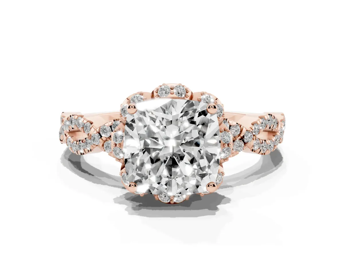 Cushion Cut Halo Twist Band Solitaire Ring with Six-Prong Setting Rose gold
