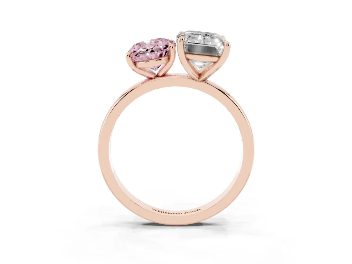 Fancy Pink Oval Cut and Emerald Cut Toi Moi Ring with Prong Setting Rose gold