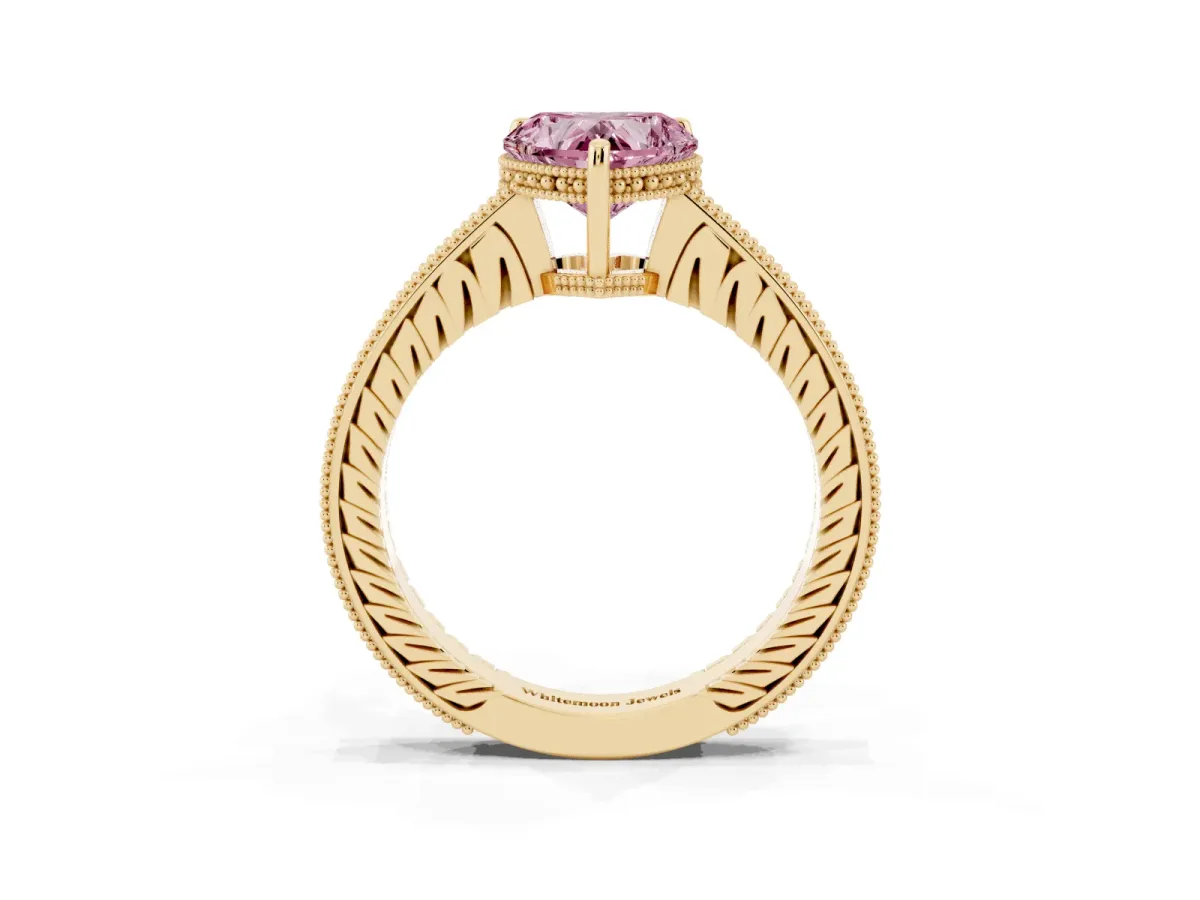 Fancy Pink Heart Cut Solitaire Pavé Diamond Milgrain Engagement Ring with Four-Prong Setting Yellow gold