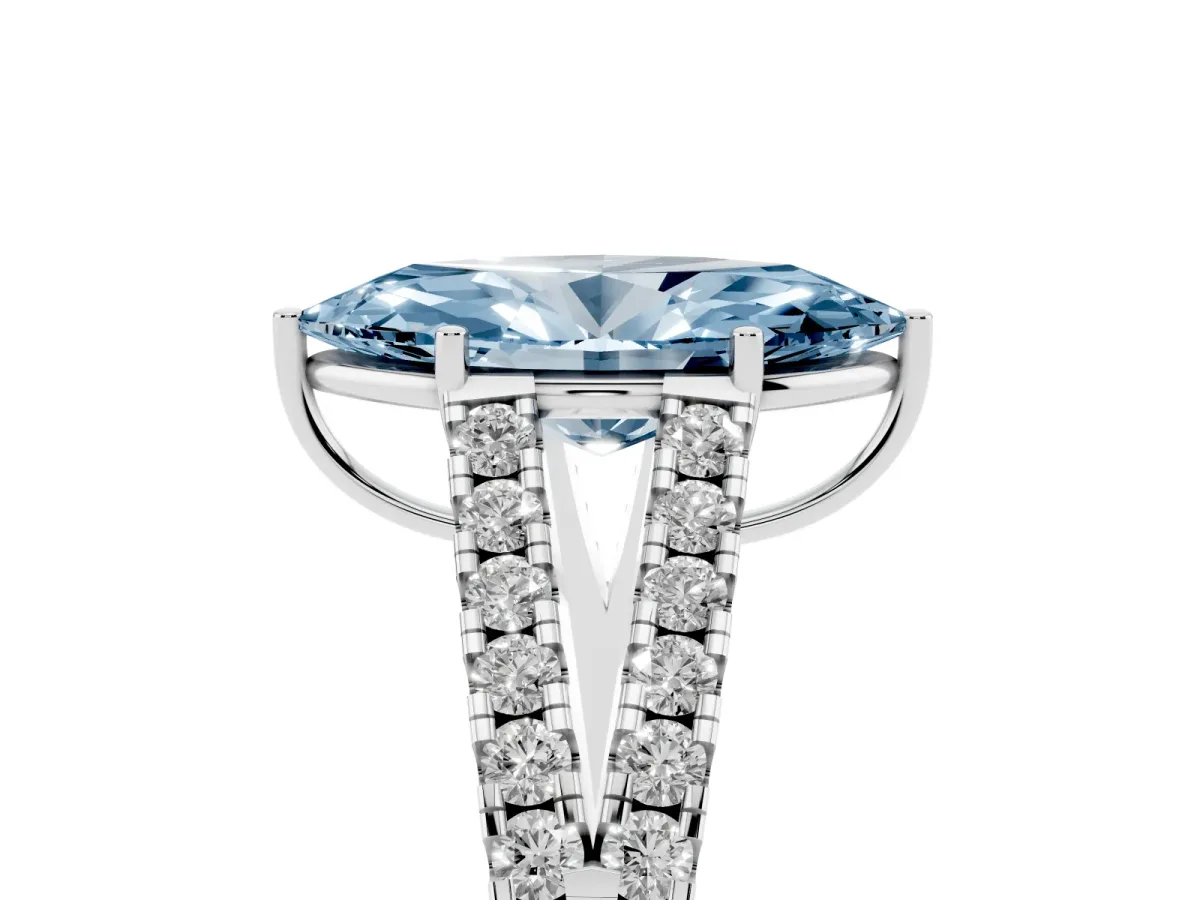 Fancy Blue Marquise Cut Diamond Split Shank Engagement Ring with Round Pavé and Prong Setting Silver