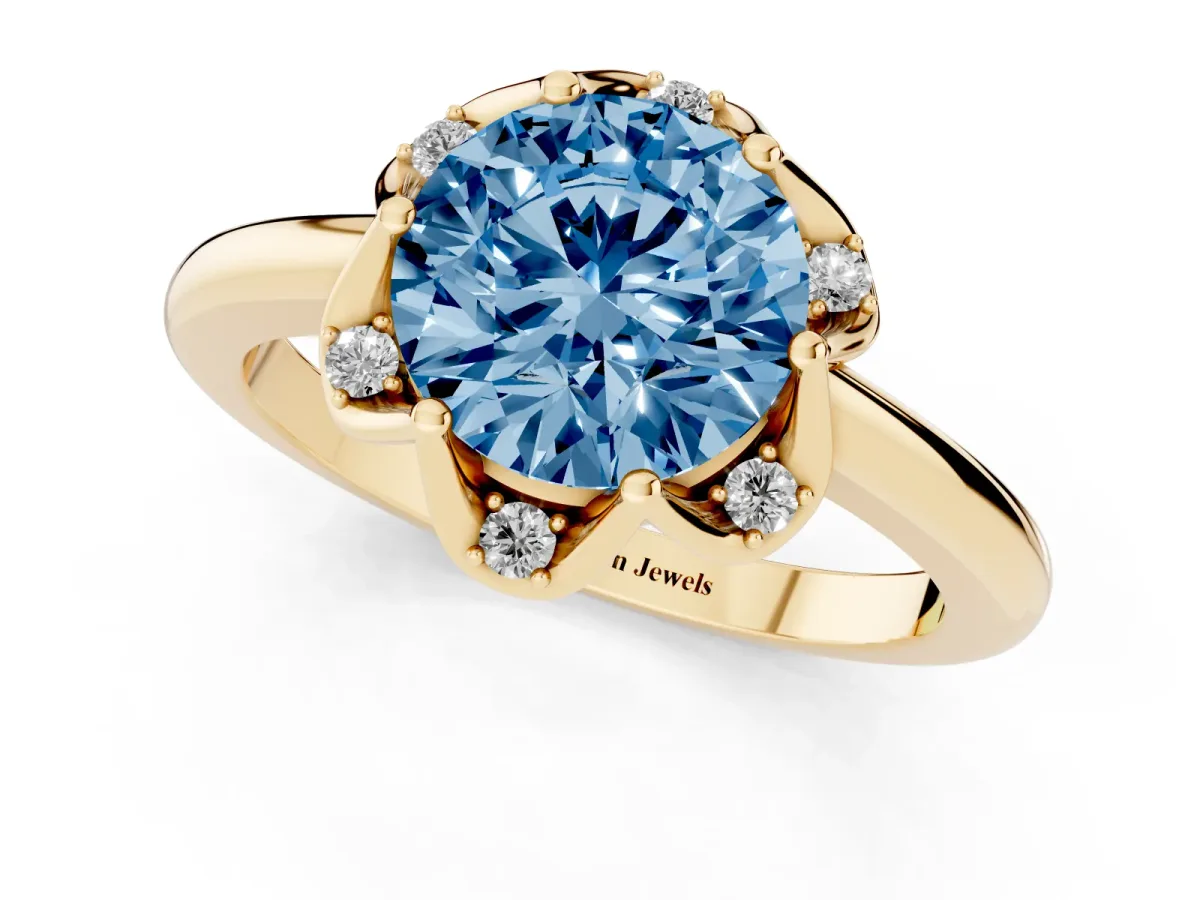 Fancy Blue Round Cut Halo Diamond Ring with Round Cluster Setting, Solitaire Band, and Four-Prong Setting Yellow gold