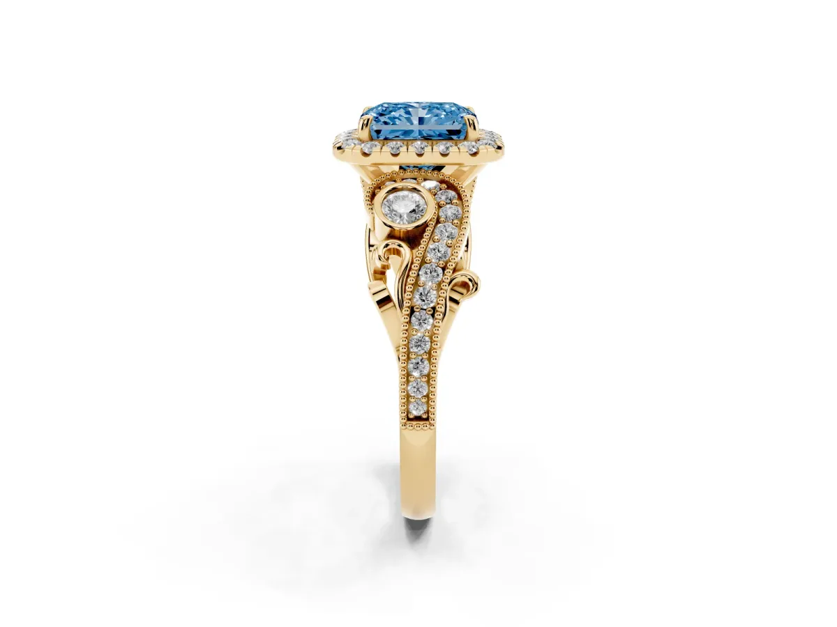 Fancy Blue Radiant Cut Diamond Halo Ring with Milgrain Pavé Band and Four-Prong Setting Yellow gold