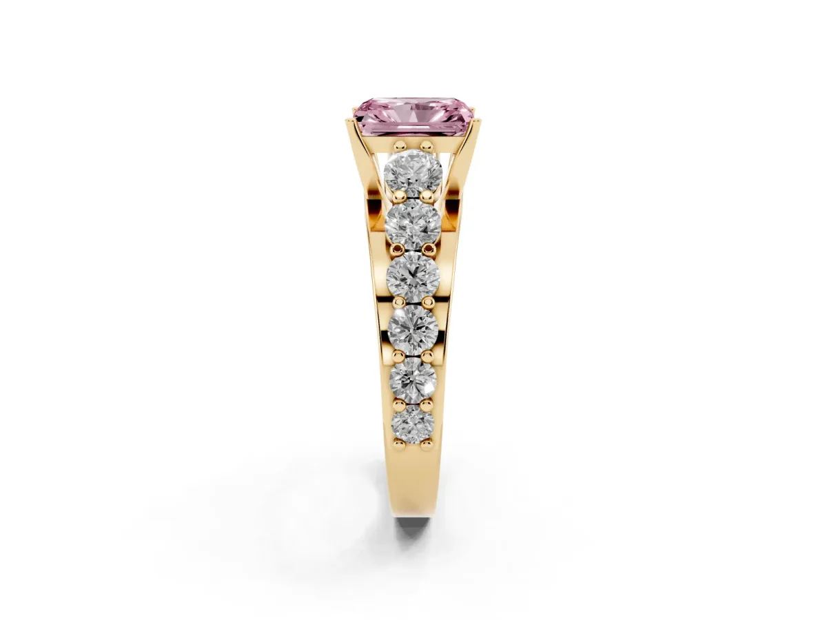 Fancy Pink Radiant Cut Diamond Engagement Ring with Pavé Band and Four-Prong Setting Yellow gold