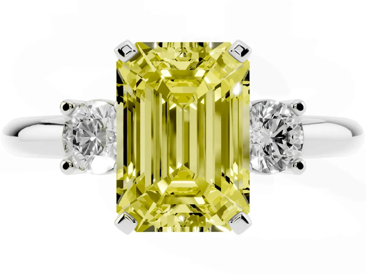 Fancy Yellow Three-Stone Emerald Cut Cut Diamond Solitaire with Prong Setting and Classic Band Silver