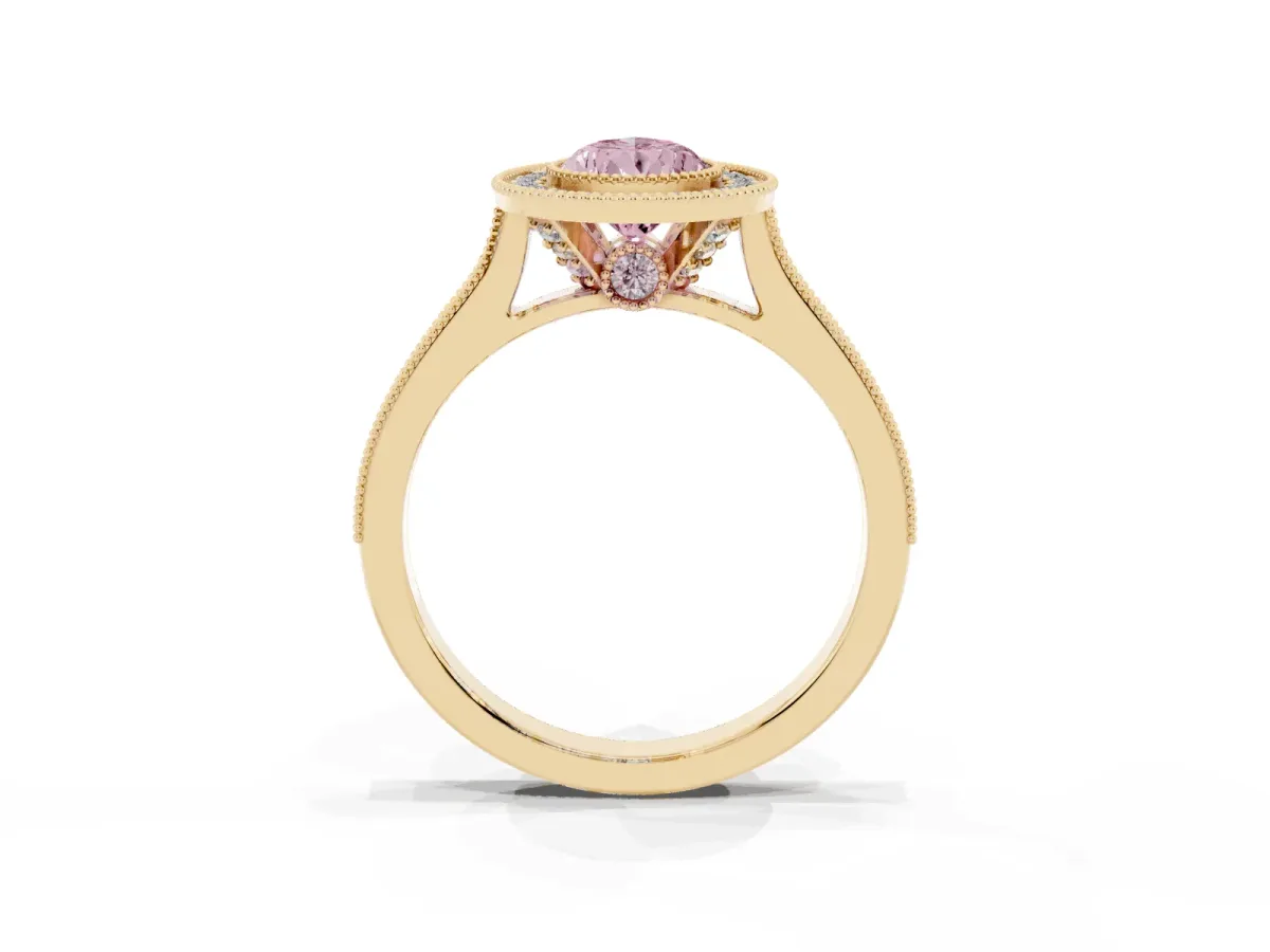 Fancy Pink Halo Pear Cut-Cut Diamond Pave Band Milgrain Prong Setting Ring Yellow gold