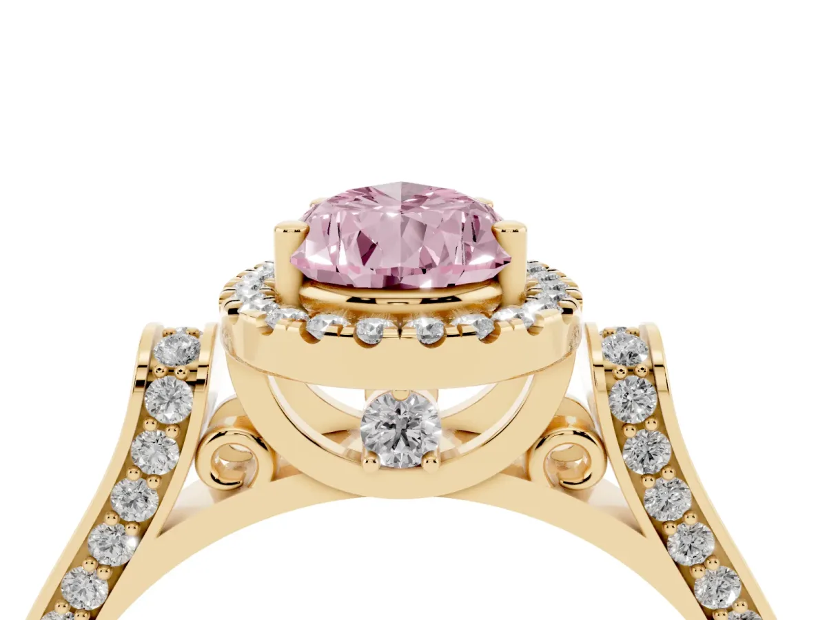 Fancy Pink Pear Cut Halo Pave Split Shank Prong Setting Ring Yellow gold