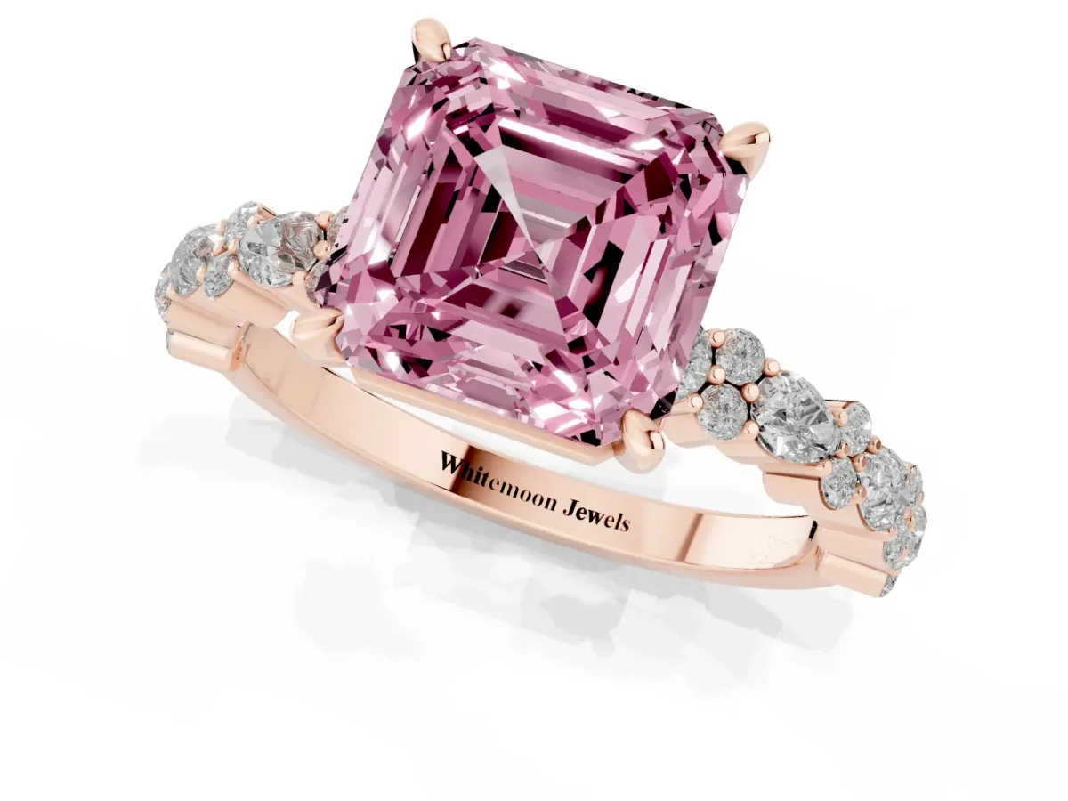 Fancy Pink Asscher Cut Diamond Side Stone Solitaire Ring with Round and Four-Prong Setting Rose gold