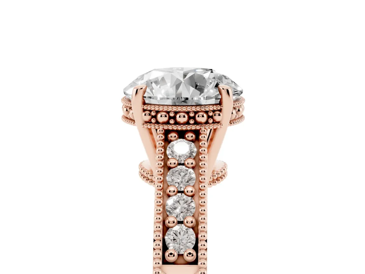Round Cut Solitaire Pavé Diamond Milgrain Engagement Ring with Four-Prong Setting Rose gold