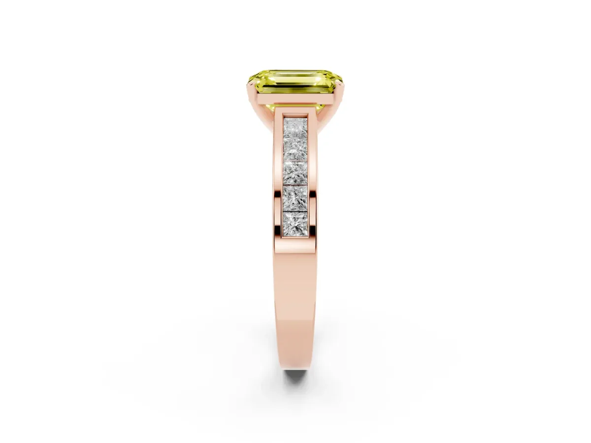Fancy Yellow Emerald Cut Solitaire Diamond Ring with Channel-Set Band and Four-Prong Setting Rose gold