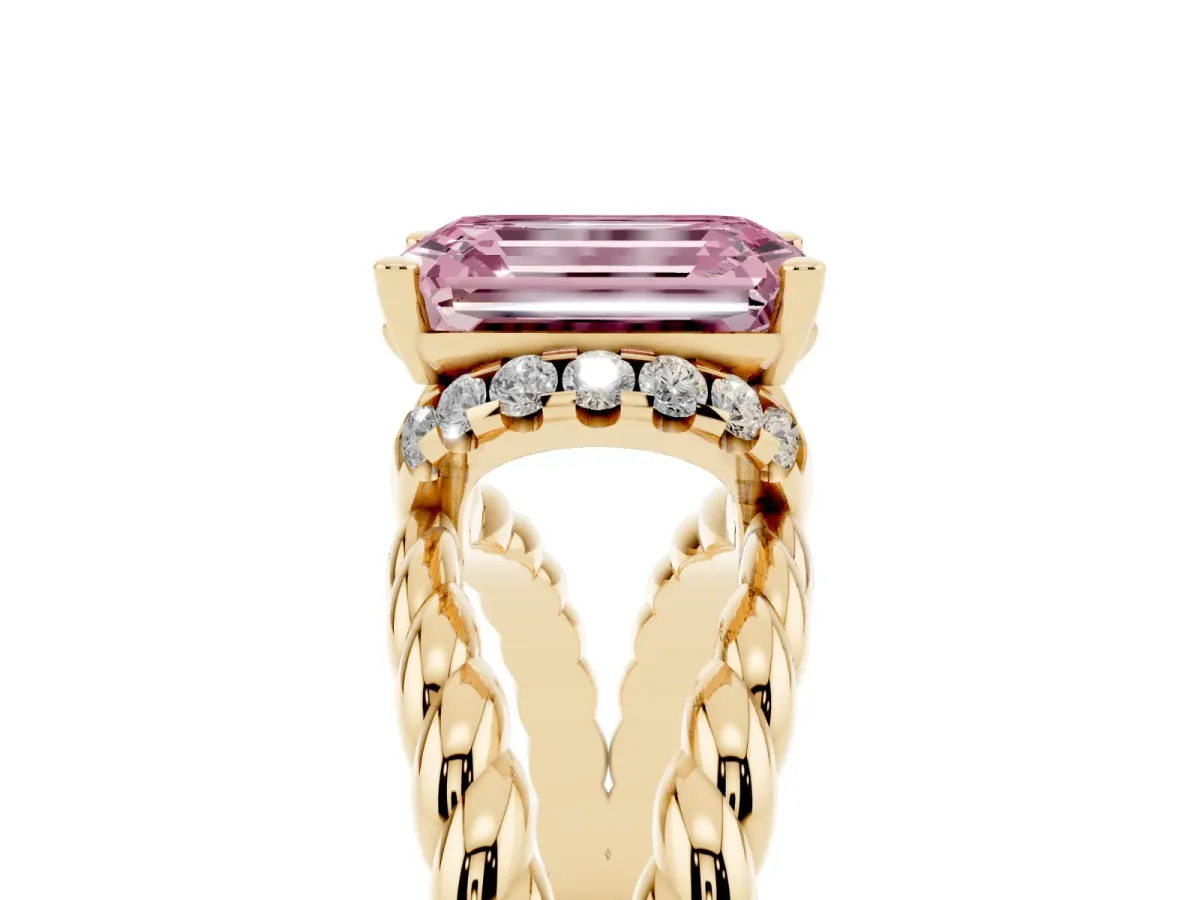 Fancy Pink Emerald Cut Halo Twisted Band Four-Prong Ring Yellow gold