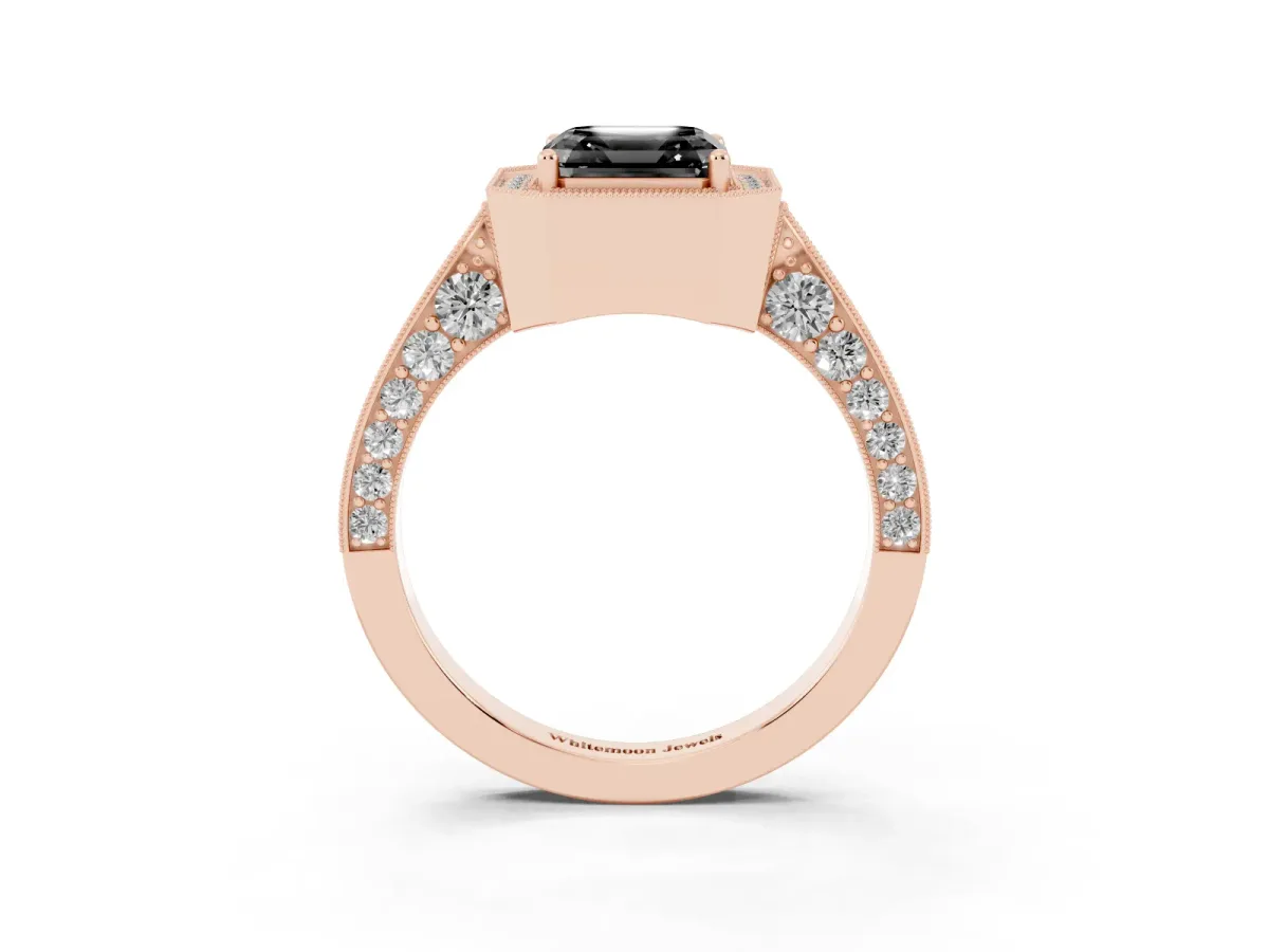 Fancy Black Asscher Cut Halo Diamond Engagement Ring with Split Shank Band and Four-Prong Setting Rose gold
