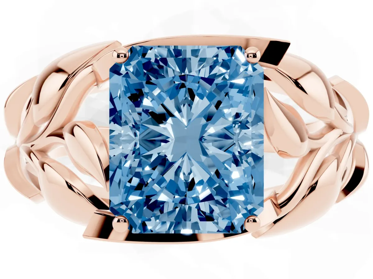 Fancy Blue Radiant Cut Diamond Leaf-Inspired Engagement Ring with Round Accents and Prong Setting Rose gold