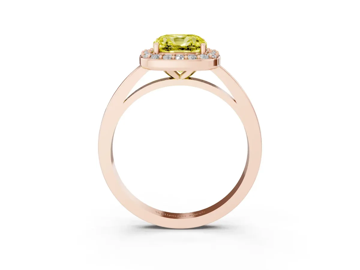Fancy Yellow Cushion Cut Halo Diamond Ring with Solitaire Band and Prong Setting Rose gold