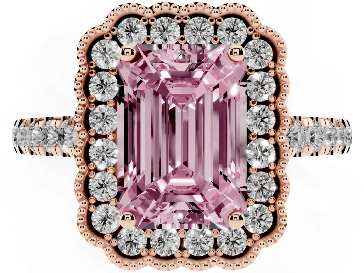 Fancy Pink Emerald Cut Cut Diamond Milgrain Floral Halo Engagement Ring with Pavé Band Rose gold