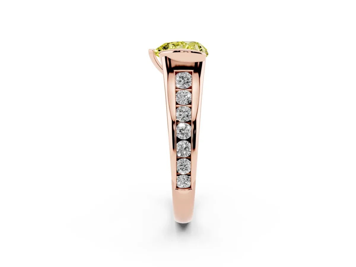 Fancy Yellow Heart Cut Solitaire Bezel-Set Diamond Ring with Channel-Set Band Rose gold
