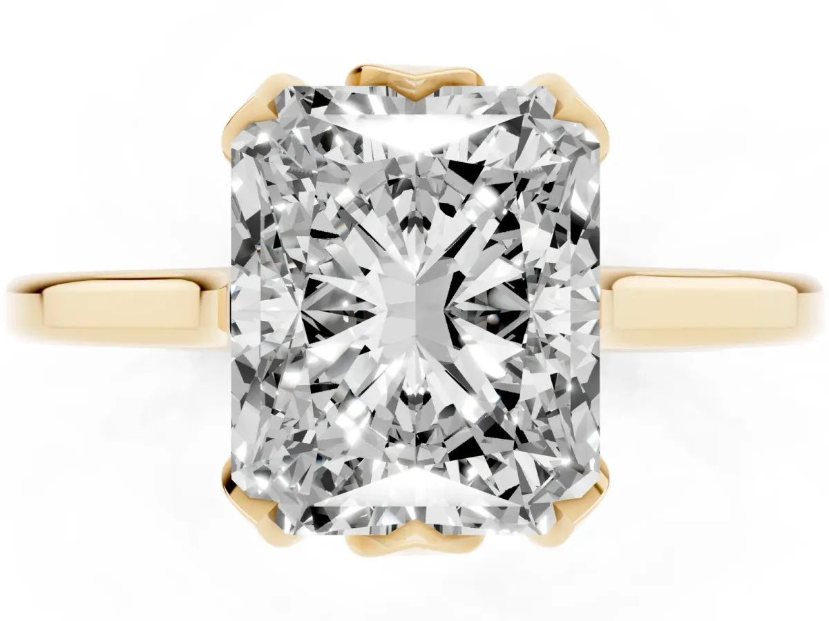 Radiant Cut Diamond Solitaire Ring with Flower Prong Setting and Classic Band Yellow gold