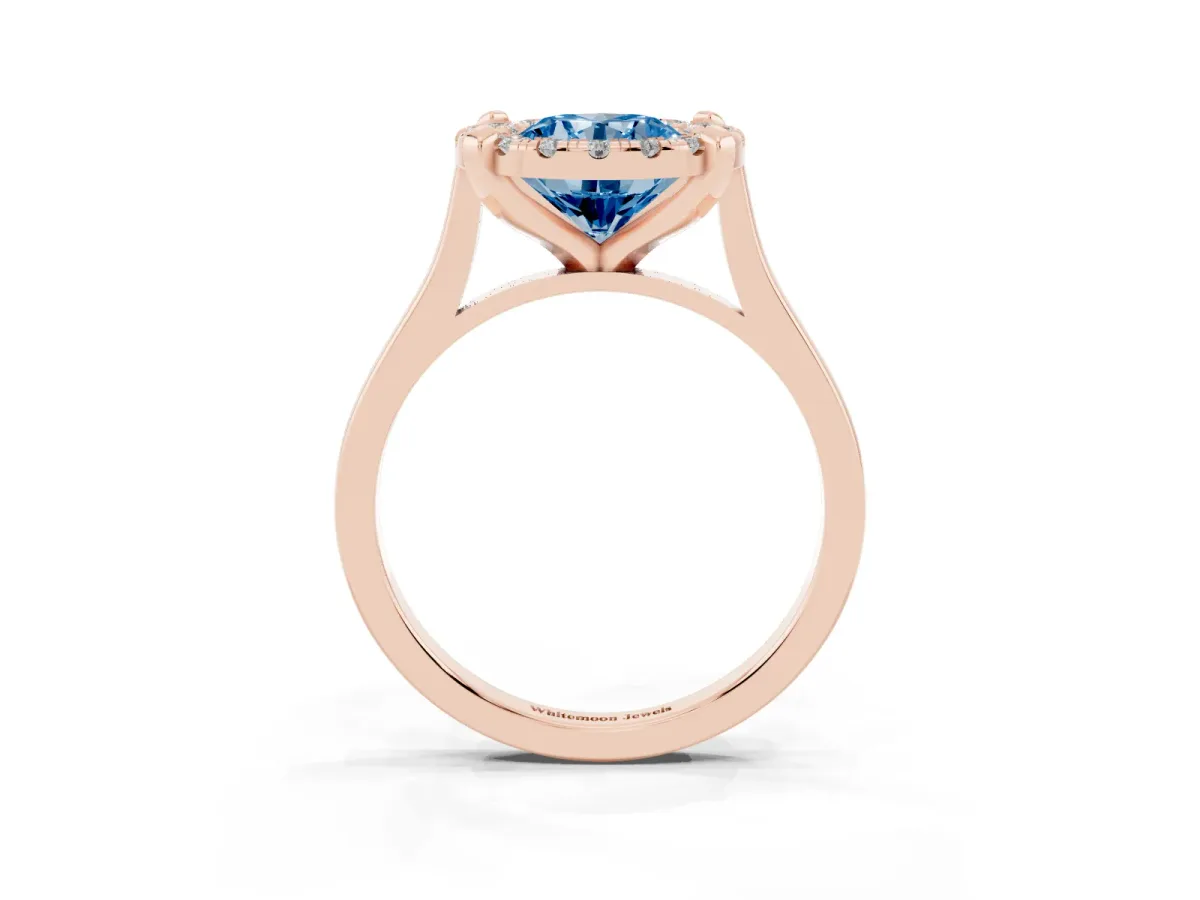 Fancy Blue Round Cut Diamond Cluster Halo Solitaire with Four-Prong Setting Rose gold