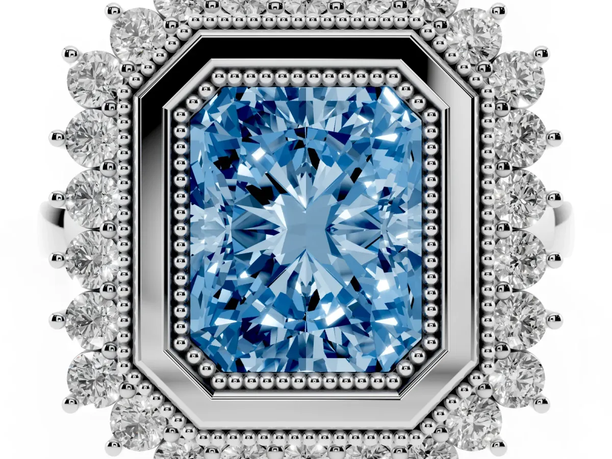 Fancy Blue Radiant Cut Halo Diamond Ring with Milgrain Edge and Round Prong Setting Silver