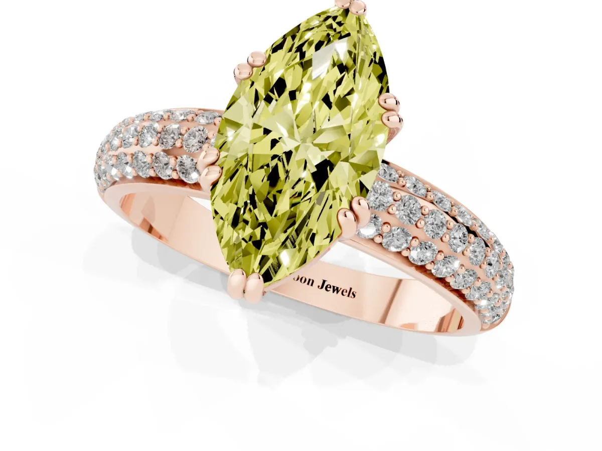 Fancy Yellow Marquise Cut Diamond Solitaire Ring with Multi-Row Round Pavé Band and Prong Setting Rose gold