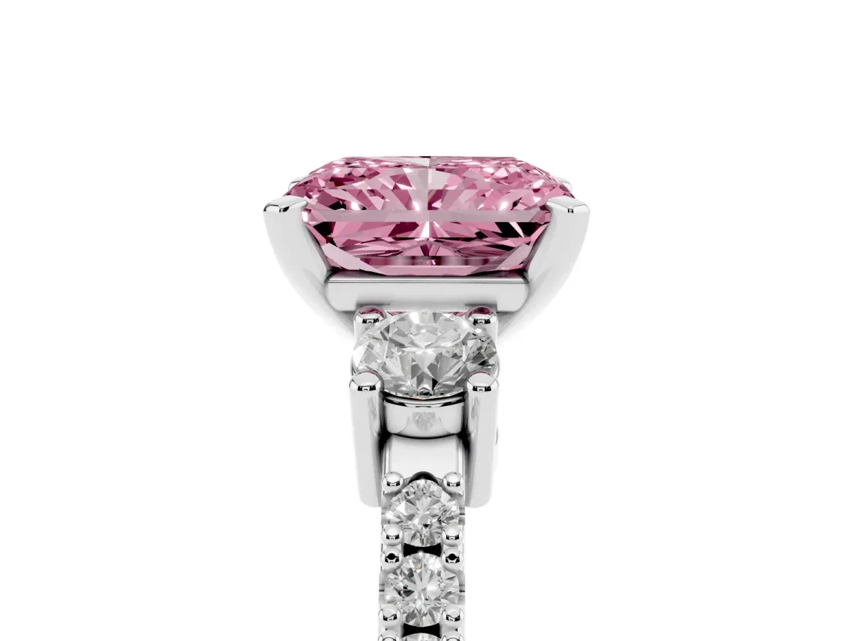 Fancy Pink Radiant Cut Three-Stone Diamond Pavé Band with Prong Setting Platinum