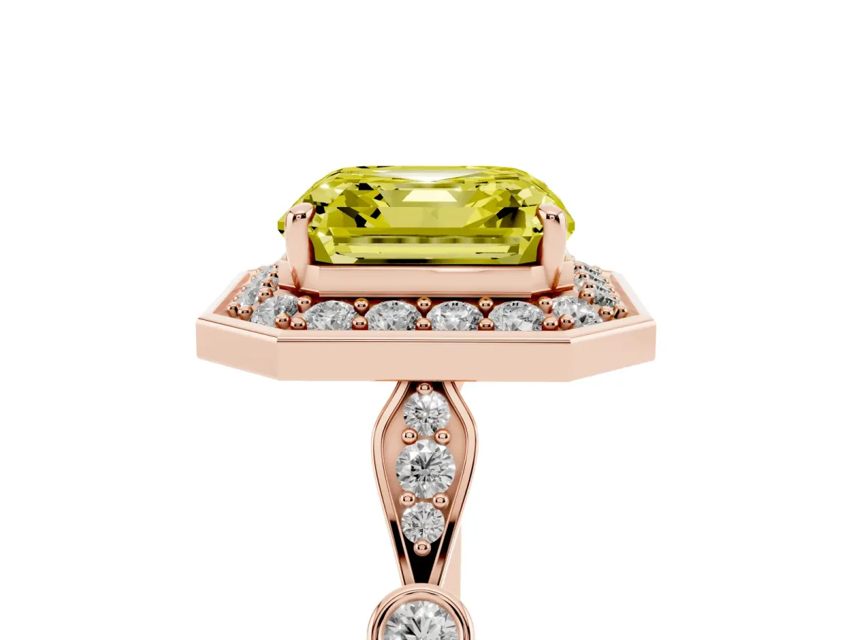 Fancy Yellow Asscher Cut Halo Diamond Engagement Ring with Twisted Band and Four-Prong Setting Rose gold