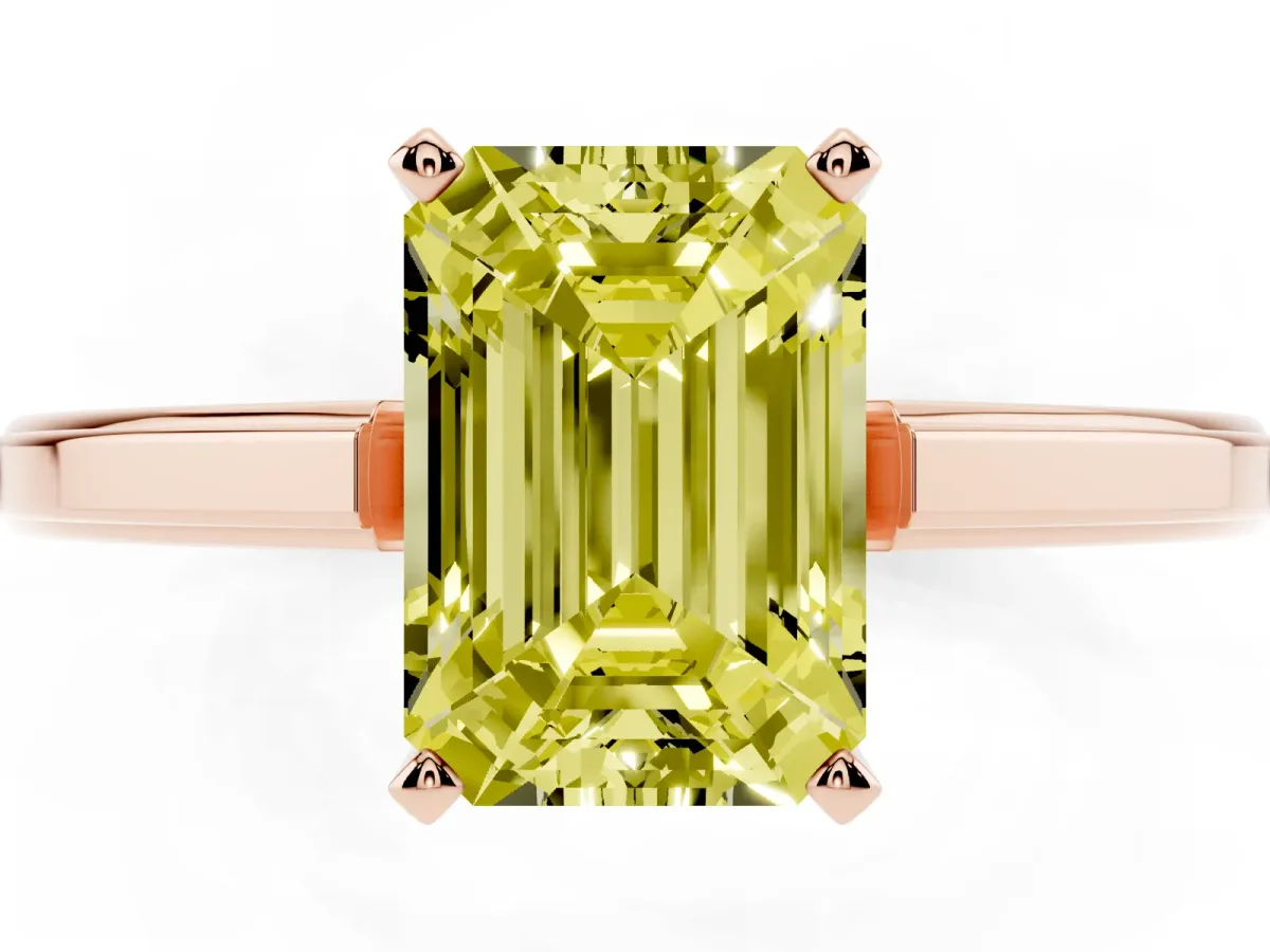 Fancy Yellow Emerald Cut Solitaire Diamond Ring with Four-Prong Setting and Classic Band Rose gold