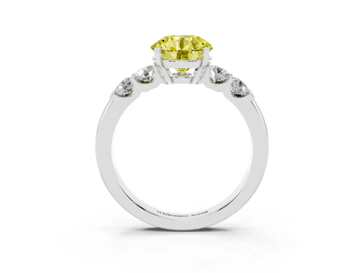 Fancy Yellow Round Cut Brilliant Cut Diamond Five-Stone Prong Set Engagement Ring with Channel Band Silver