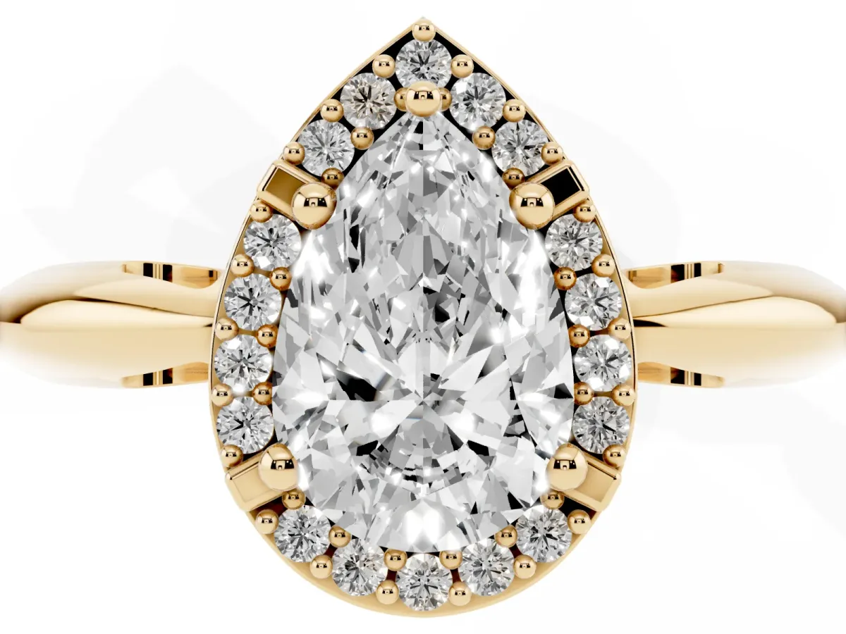 Pear Cut Cut Diamond Halo Engagement Ring with Split Shank and Four-Prong Setting Yellow gold