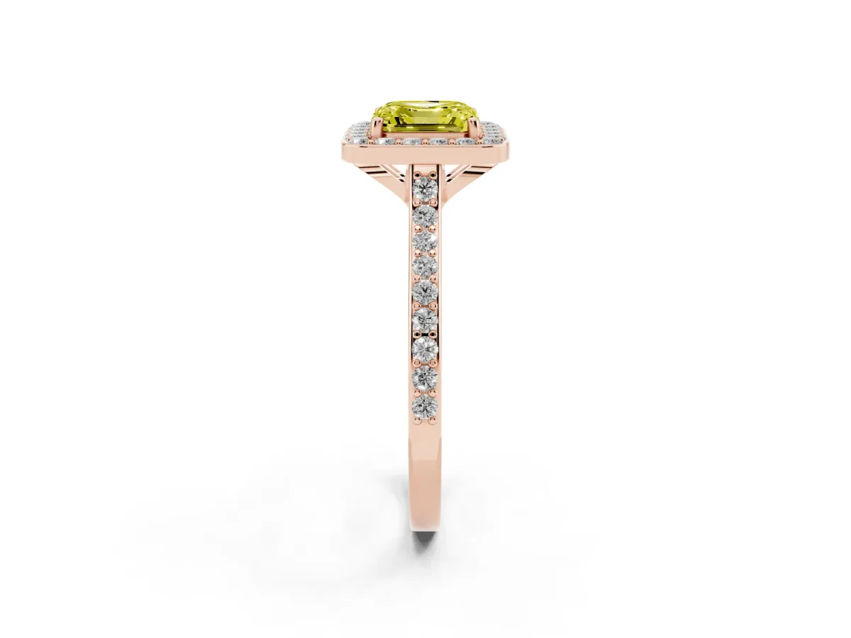 Fancy Yellow Asscher Cut Diamond Halo Engagement Ring with Round Pavé Shoulders and Prong Setting Rose gold